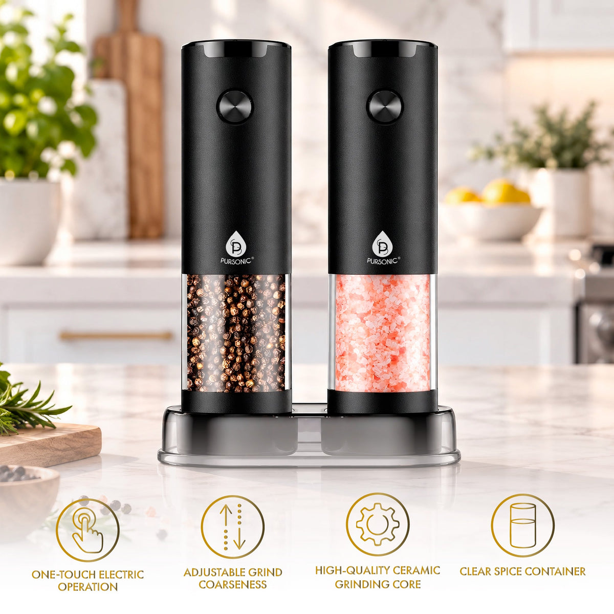 Electric Salt & Pepper Grinder Set – 2-Piece One-Touch Adjustable Grinders