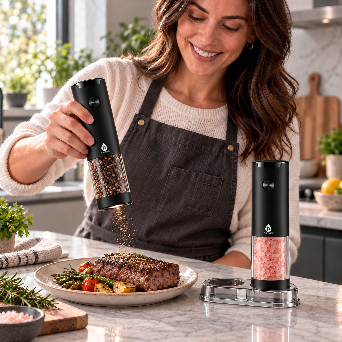 Electric Salt & Pepper Grinder Set – 2-Piece One-Touch Adjustable Grinders