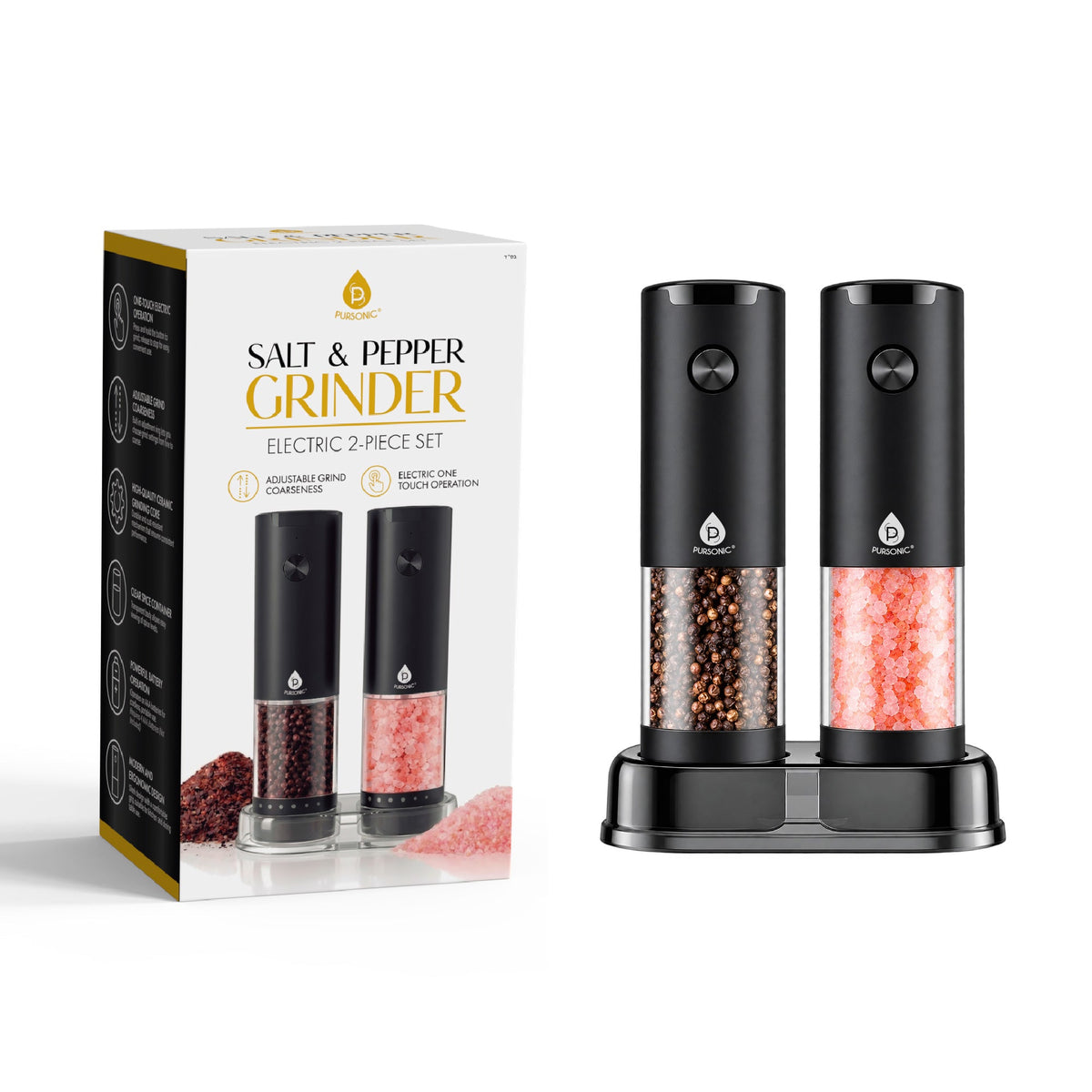 Electric Salt & Pepper Grinder Set – 2-Piece One-Touch Adjustable Grinders